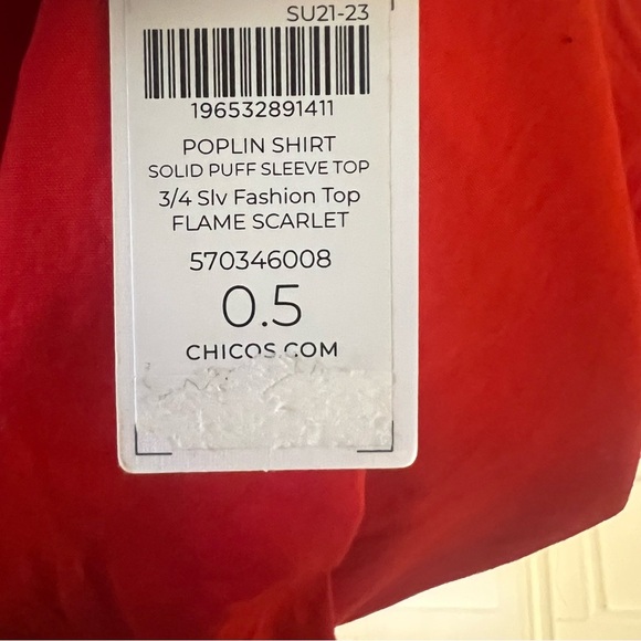 Chico’s POPLIN SHIRT SOLID PUFF SLEEVE TOP 3/4 Slv Fashion Top FLAME SCARLET - Picture 7 of 8